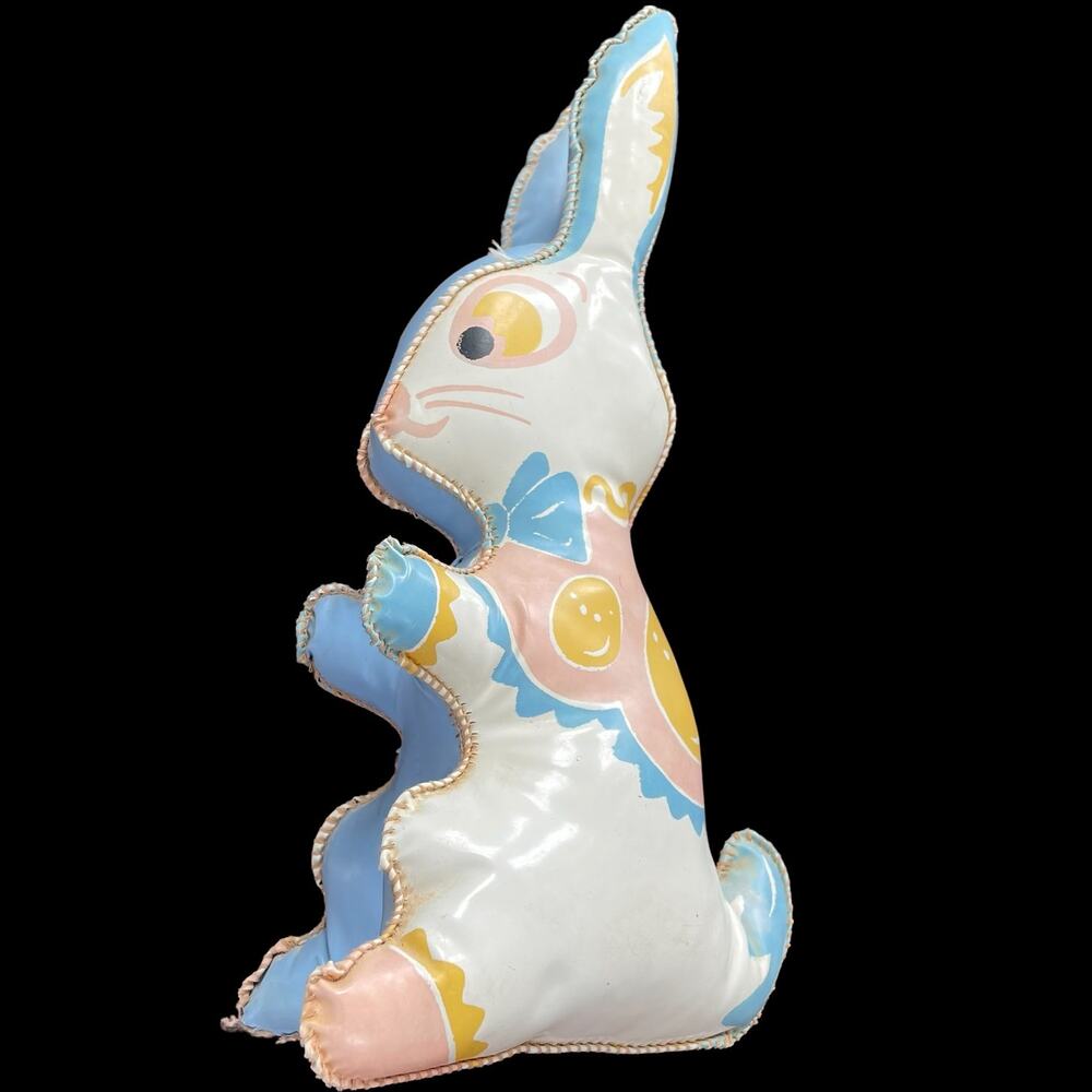 Vintage Oil Cloth Bunny Rabbit MCM Vinyl Carnival Prize Stuffed Toy 1950s Pastel